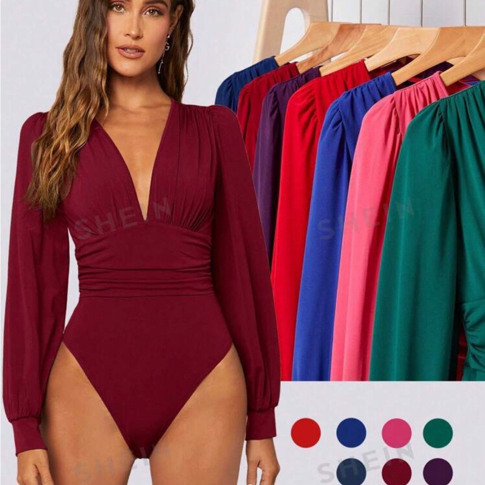 SHEIN BIZwear Ruched Lantern Sleeve Bodysuit Workwear Small